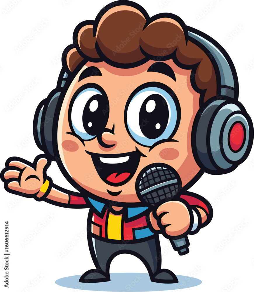 Cartoon boy sings with a microphone and headphones. Mascot character, music, audio, radio, podcast, media, entertainment, technology, fun. Cartoon boy sings with a microphone and headphones. Mascot character, music, audio, radio, podcast, media, entertainment, technology, fun.