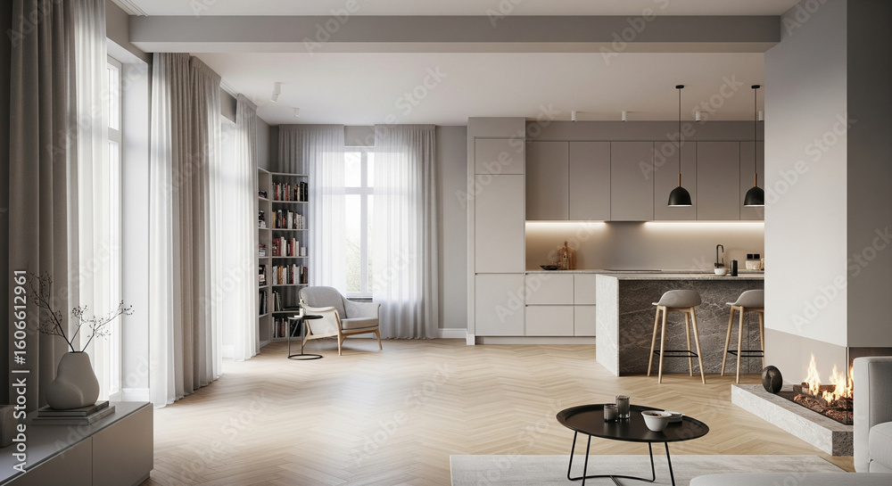 Fototapeta premium Airy Modern Living: Open Concept with Fireplace, Kitchen Island, and Abundant Natural Light