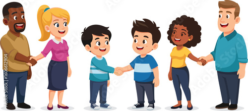 Two families greet, shake hands. Friendly meeting, community, diversity, friendship, connection, welcome, introduction, teamwork, agreement, trust, cartoon.