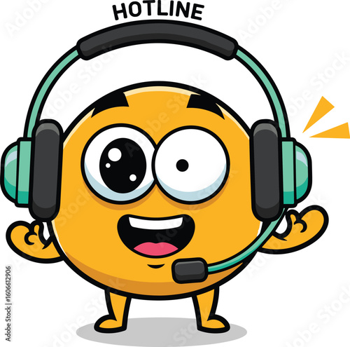 Emoji character wearing headset, offering hotline support. Customer service, help desk, assistance, communication, call center, assistance.
