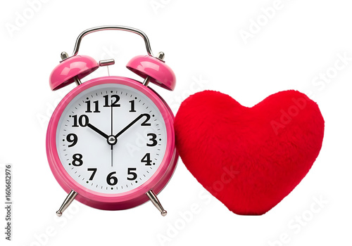 Pink alarm clock and red heart symbol isolated on transparent background