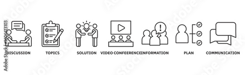 Meeting icon set illustration concept with icon of discussion, topics, solution, video conference, information, plan, communication 