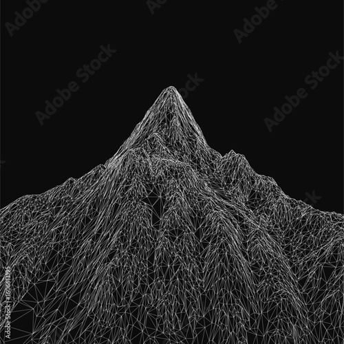 A black and white wireframe mountain illustration features intricate linework and geometric shapes against a dark background. The abstract design creates a striking contrast with clean.