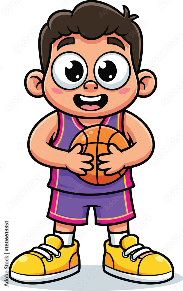 Cartoon boy holds basketball smiling. Kid athlete, child sport, happy, basketball player, healthy, playing, childhood, hobby Cartoon boy holds basketball smiling. Kid athlete, child sport, happy, basketball player, healthy, playing, childhood, hobby
