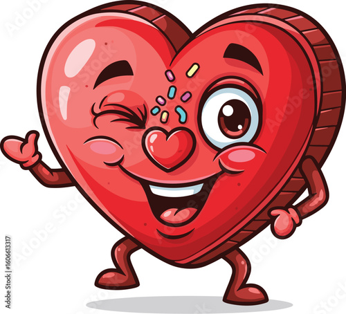 Winking heart cartoon character waves. Valentine's day, love, romance, candy, fun, celebration, happiness, holiday.