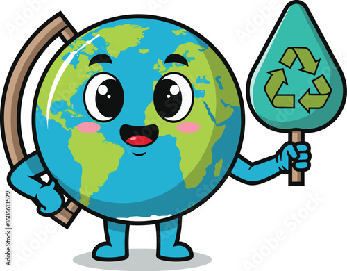 Earth globe mascot holding recycle sign. Sustainability, environment, conservation, ecology, eco friendly, green, responsibility, waste reduction, zero waste