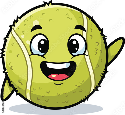 Cartoon tennis ball waves hello, smiling widely. Sports mascot, animated, cheerful, greeting, cartoon illustration, friendly.