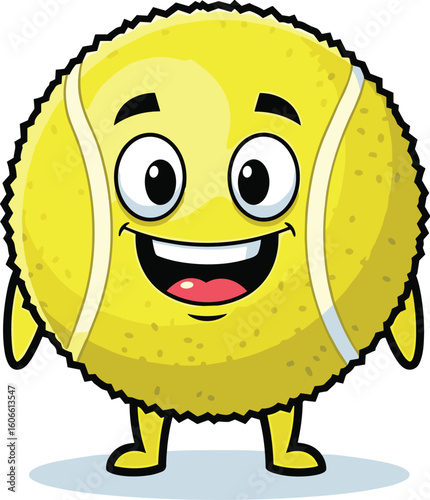 Cartoon tennis ball smiles happily. Sports icon, fun illustration, cheerful mascot, vector art, tennis cartoon, whimsical design