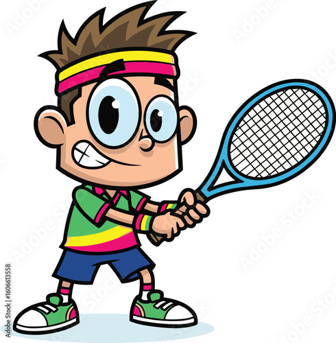Cartoon boy plays tennis with racket. Child athlete, sport, game, kids, fun, exercise, activity, childhood, action.