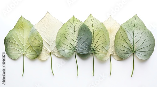 Row of translucent green and offwhite leaves with detailed vein structures on white backdrop