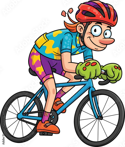 Cartoon cyclist rides bicycle with determination. Sports, fitness, comical, exercise, cyclist, racing, competition, athlete.