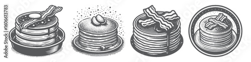 Vintage Hand-Drawn Pancake with Beef Slice Collection Illustration, Savory Breakfast Stack Engraved Style Vector for T-Shirts and Culinary Food Themes Design