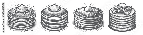 Vintage Hand-Drawn Pancake with Sugar Powder Collection Illustration, Classic Sweet Stack Engraved Style Vector for T-Shirts and Breakfast Food Themes Design