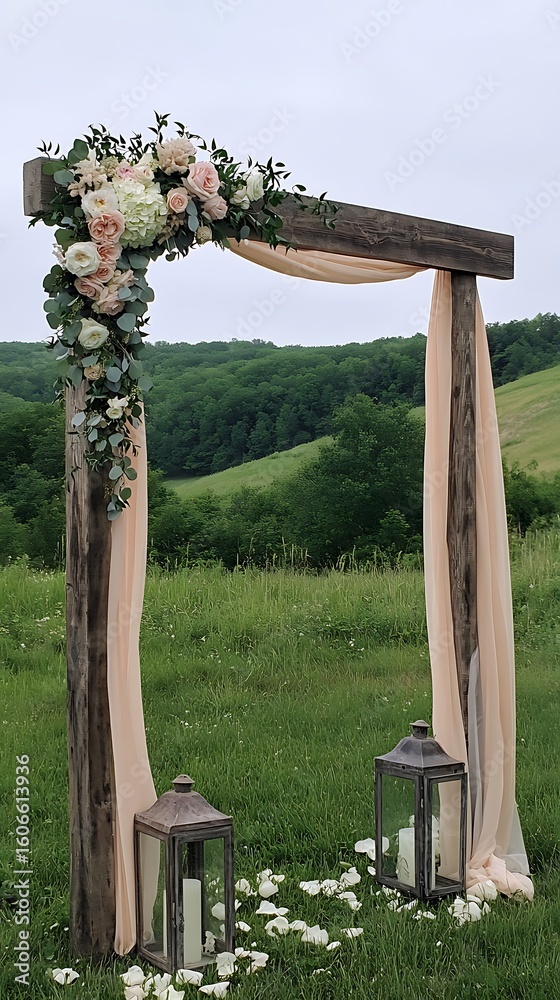 Naklejka premium Rustic wedding arch with floral arrangement, flowing fabric, lanterns, and meadow background