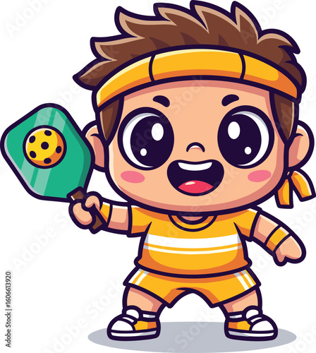 Boy plays pickleball with paddle. Cartoon character, sports, active, game, cute, vector art, illustration, kawaii, happy, energetic, kid-friendly, mascot