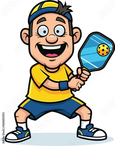 Pickleball player smiles with paddle ready to play. Sports cartoon, recreation, cheerful athlete, excited, pickleball fan, healthy lifestyle, exercise, competitive game.