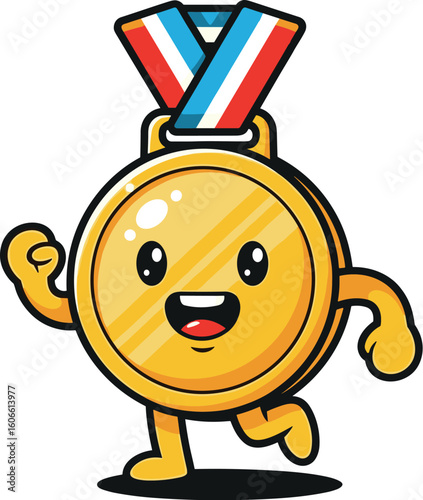 Animated medal character running happily! Victory, winning, achievement, competition, happy, cartoon, success, celebration, athlete, sport.