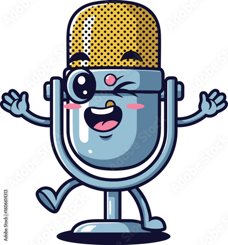 Microphone character winks and waves. Audio technology, sound recording, broadcasting, podcasting, retro, vintage, mascot, cartoon, friendly, voice, communication