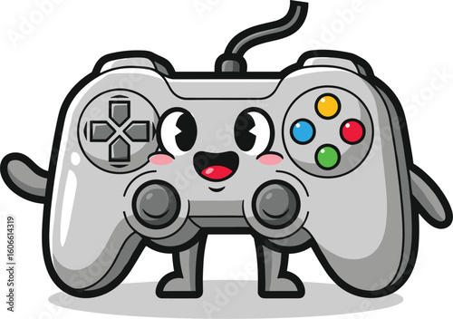 Cartoon gamepad character stands happily. Video game, controller, console, gaming, mascot, smile, fun, character.
