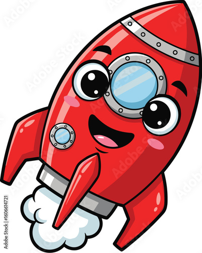 Cartoon rocket ship blasts off with smile. Cute spacecraft, red spaceship, cosmic journey, space exploration, future, galaxy, travel, fantasy, fun