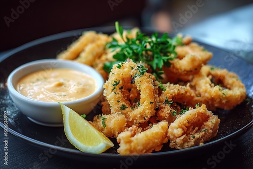 Crispy fried calamari rings with dipping sauce and lemon on a dark plate