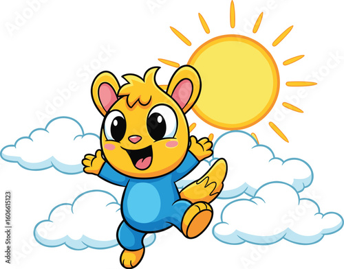 Cartoon otter jumps in sunny sky, wearing blue pajamas. Whimsical illustration. Happy mascot, cheerful, playful, cute character.  Fun, sunshine, fantasy, clouds, daydream.