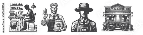 Vintage Hand-Drawn Barista with Apron and Hat Collection Illustration, Professional Café Worker Engraved Style Vector for T-Shirts and Coffee Shop Themes Design