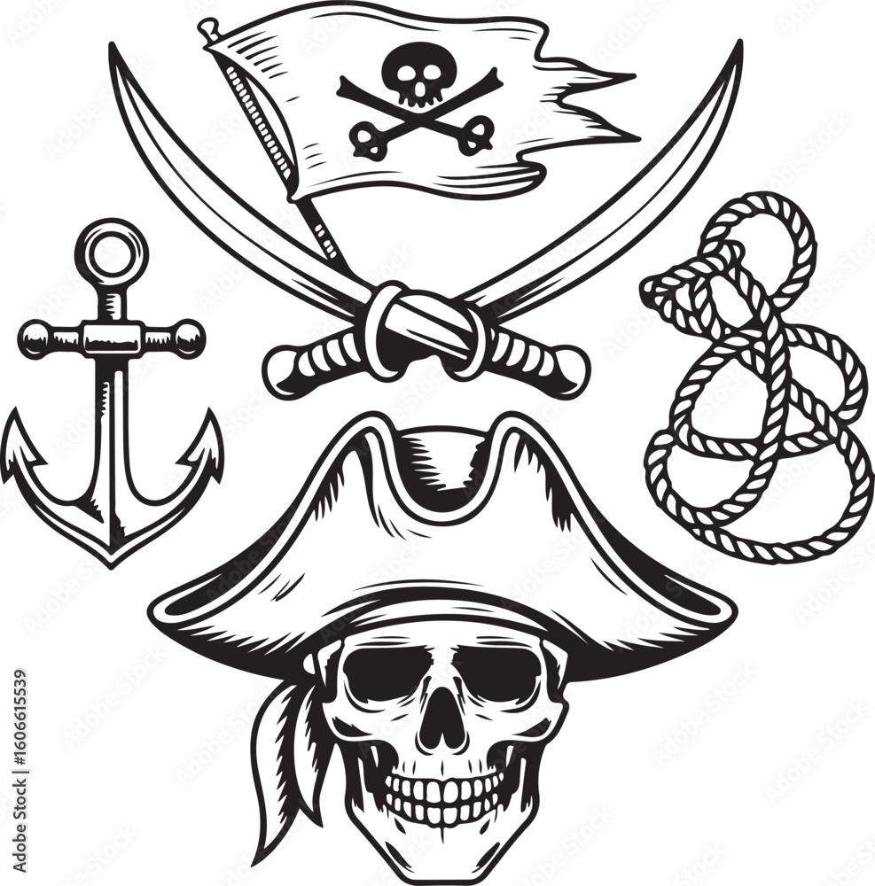 Fototapeta premium Hand-Drawn Pirate Skull and Sword Line Art Icon Pack with Jolly Roger Symbols and Nautical Accessories