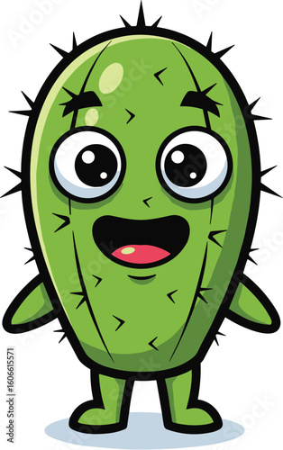 Cartoon cactus smiles. Cute succulent character with face, plant, funny, happy, nature, desert, mascot, kawaii.
