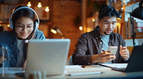 business people working in office, woman working on computer, couple in cafe