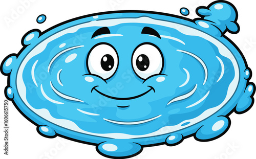 Cartoon water puddle smiles. Cheerful, liquid character, blue, clean water, cute, positive, happy, friendly, splash, drop, ripple, pool, stream, nature, wet.