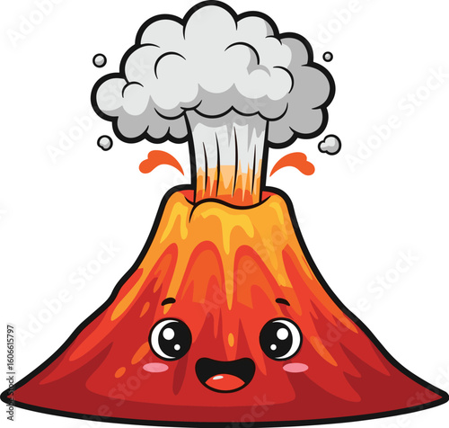 Volcano erupts with a cute face. Earth, nature, cartoon, geology, mountain, magma, fire, smoke, character