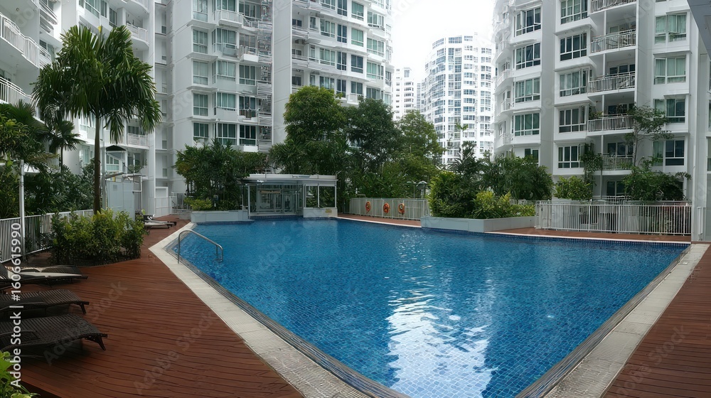Swimming pool surrounded by apartment buildings. Swimming pool surrounded by apartment buildings.