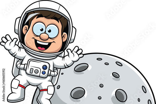 Cartoon astronaut smiles next to the moon. Space exploration, astronautics, kids illustration, adventure, cheerful, lunar, space travel, science, cosmos