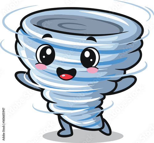 Cartoon tornado character spins happily. Weather mascot, fun, storm, cute, danger, climate, wind, nature, disaster, cartoon, icon, swirl, kawaii