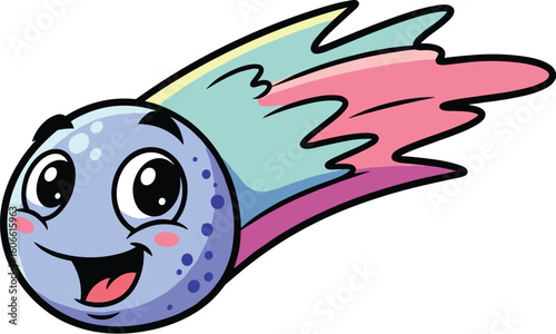 Cartoon comet flies happily across space. Cute meteor, tail, space, smiling, cartoon, character, fun, adventure, galaxy, astronomy, cosmic, sky, cheerful.