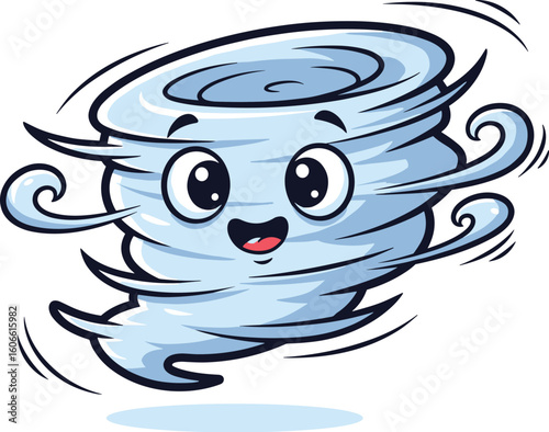 Cartoon tornado smiling, spinning, and moving. Natural disaster, wind, weather, cyclone, funnel, storm, funny, happy.