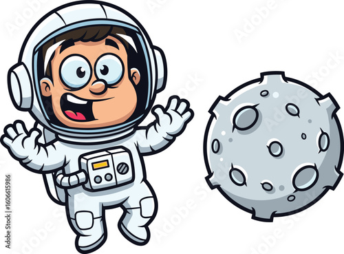 Astronaut cartoon next to moon crater. Space exploration, adventure, childhood, galaxy, cosmic, astronautics