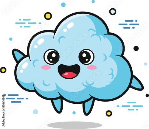 Cute cloud character smiles. Cartoon cloud, happy weather, whimsical design, cheerful, kawaii, fluffy, rain, fantasy, sky