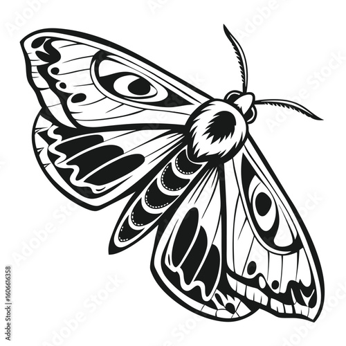Monochrome Moth Illustration with Intricate Wing Patterns A Symbol of Transformation and Mystery in Black and White