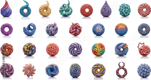 Abstract sphere sculptures displayed in rows. Unique, colorful, artistic, creative, design, spherical, sphere, 3D, art, visual, imaginative, fantasy
