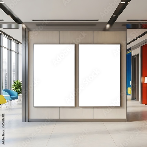 Two blank posters on a light beige wall in a modern office hallway.