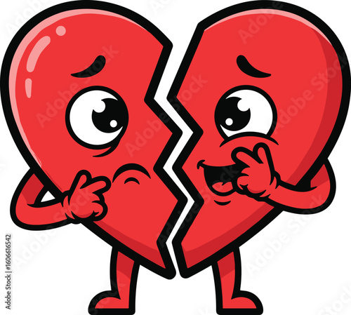 Broken heart cartoon character separates sadly. Relationship, heartbreak, divorce, separation, sadness, loneliness, feeling, hurt, mental health, valentine, romance