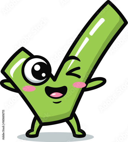 Cartoon checkmark winks with positive attitude. Cute verification mascot, approval, validation, success, quality control, correctness, positivity, cheerful