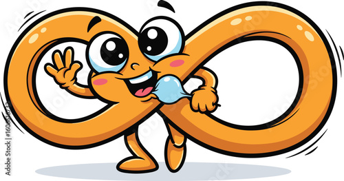 Cartoon infinity character waves and smiles. Cute mathematical symbol. Symbol, cartoon, infinity, math, happy, waving, character, illustration, mascot, endless, concept