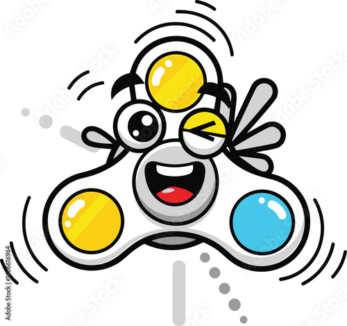 Cartoon fidget spinner winks with joy, spinning happily. Fun toy, animation, happiness, childhood, modern, design, trendy