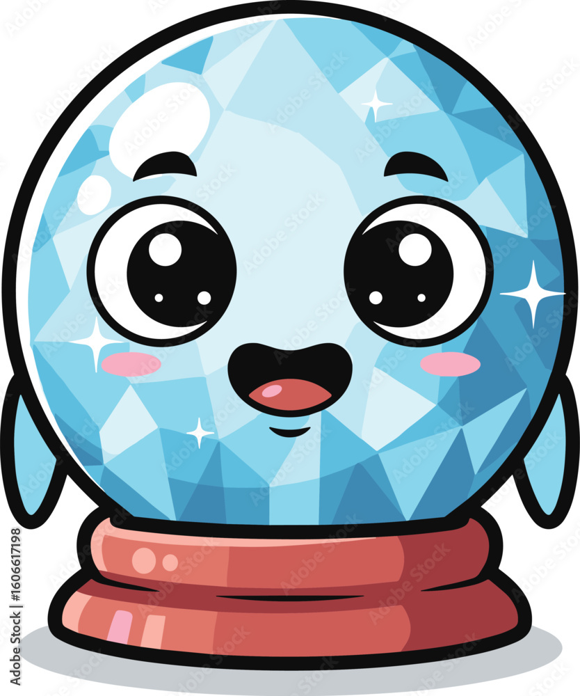 Obraz premium Cute crystal ball character smiles. Fortune telling, mystical, magic, prediction, happy, cartoon