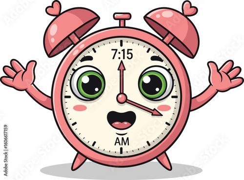 Alarm clock character shows 7:15 am. Cartoon time, cute, morning, wake, watch, kawaii, funny, happy, timetable, mascot