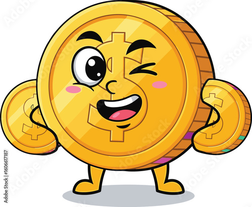 Coin character winks, flexes arms showing strength. Finance concept, funny money, happy cryptocurrency, wealth, business.