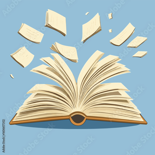 Flying book vector illustration. Open pages
